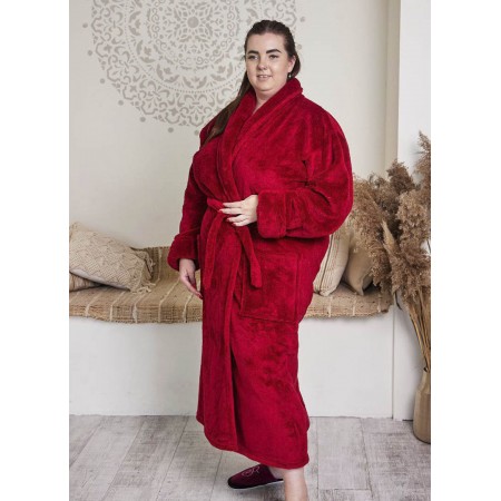 Махровый женский теплый халат домашний длинный без капюшона на запах батал 2700-1022 Бордовый