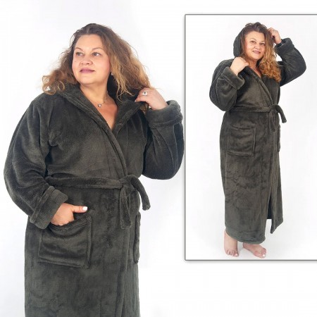 Махровий жіночий теплий халат домашній довгий без капюшона на запах батал 2701-1022 Хакі