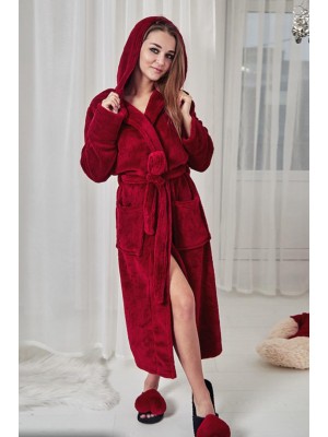 Махровий жіночий теплий халат домашній довгий з капюшоном на запах 2782-1023 Бордовий