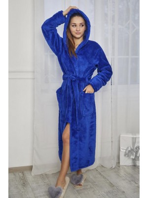 Махровий жіночий домашній халат теплий довгий з капюшоном на запах 2873 електрик