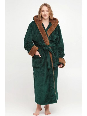 Махровый женский теплый халат домашний длинный с капюшоном на запах 2874-4002 Изумруд / молочный шоколад