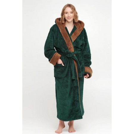 Махровый женский теплый халат домашний длинный с капюшоном на запах 2874-4002 Изумруд / молочный шоколад