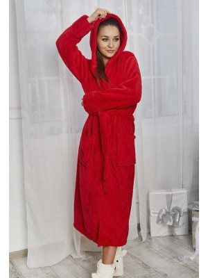 Махровий жіночий домашній халат теплий довгий з капюшоном на запах 3915 червоний