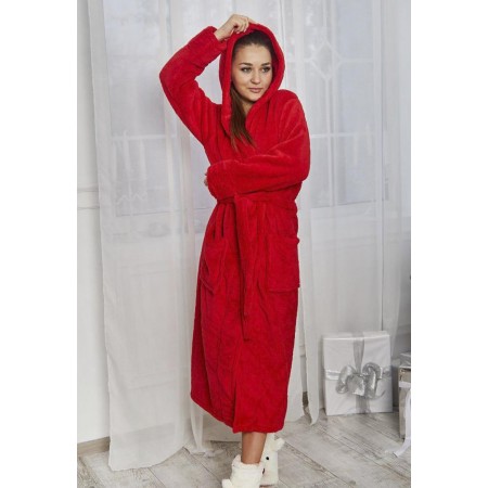 Махровый женский теплый халат домашний длинный с капюшоном на запах 3915-1023 Красный