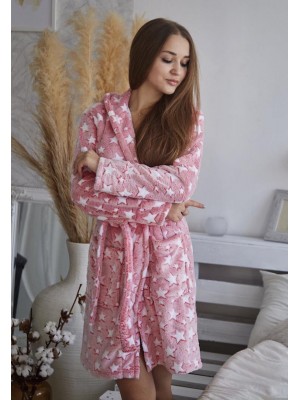 Махровий теплий халат жіночий середньої довжини з капюшоном на запах 6192-5010 Рожевий із зірками