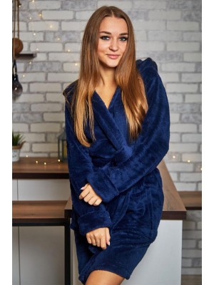 Махровий жіночий теплий халат домашній середньої довжини з капюшоном на запах 6211-1026 Королівський синій