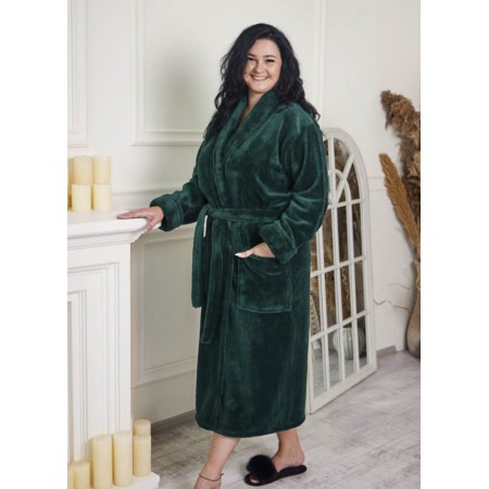 Махровый женский теплый халат домашний длинный без капюшона на запах батал 7316-1022 Изумруд