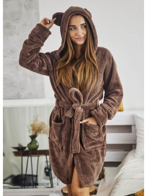 Махровий жіночий теплий халат середньої довжини на запах з вушками на капюшоні ведмедик 7347-1028 Молочний шоколад