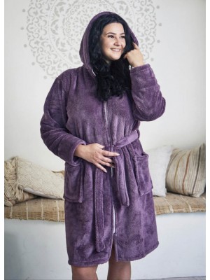 Женский теплый махровый халат средней длины на молнии с капюшоном 7350-1095 Лаванда