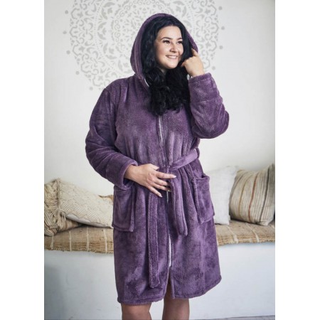Жіночий теплий махровий халат середньої довжини на блискавці з капюшоном 7350-1095 Лаванда