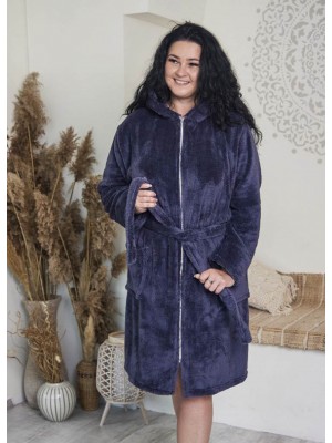 Жіночий теплий махровий халат середньої довжини на блискавці з капюшоном 7351-1095 Графіт