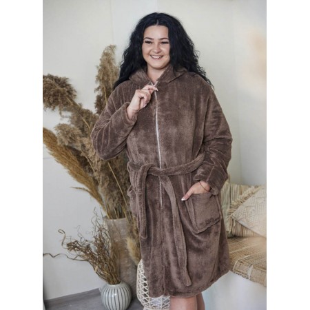 Жіночий теплий махровий халат середньої довжини на блискавці з капюшоном 7352-1095 Молочний шоколад