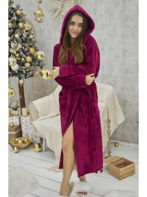 Махровий жіночий теплий халат домашній довгий з капюшоном на запах 7379-1023 Фуксія