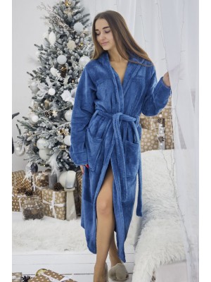 Махровый женский теплый халат домашний длинный с капюшоном на запах 7380-1023 Джинсовый