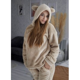 Тепла жіноча махрова піжама костюм з капюшоном ведмедик 6176-9014 Капучино