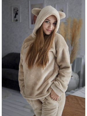 Тепла жіноча махрова піжама костюм з капюшоном ведмедик 6176-9014 Капучино