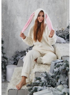 Тепла жіноча махрова піжама костюм з капюшоном зайка 6196-9015 Айворі