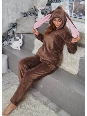 Тепла жіноча махрова піжама костюм з капюшоном зайка 6198-9015 Шоколад