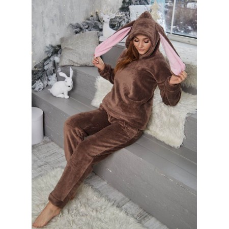 Теплая женская махровая пижама костюм с капюшоном зайка 6198-9015 Шоколад