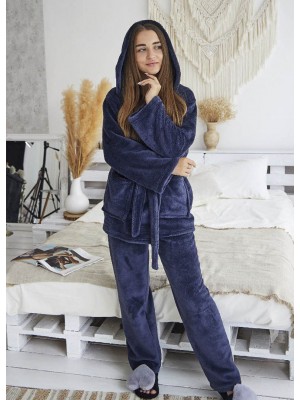 Женская махровая теплая пижама халат с капюшоном и штаны 7315-9016 Темно-синяя