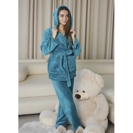  Женская махровая теплая пижама халат с капюшоном и штаны 7389-9016 Тифани
