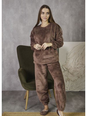 Женская теплая махровая пижама кенгуру костюм кофта, штаны и чешки 7398-9017 Молочный шоколад