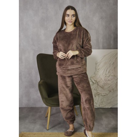 Женская теплая махровая пижама кенгуру костюм кофта, штаны и чешки 7398-9017 Молочный шоколад