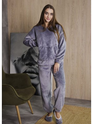 Женская теплая махровая пижама кенгуру костюм кофта, штаны и чешки 7399-9017 Серый