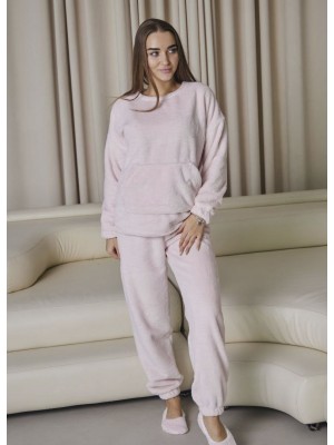 Женская теплая махровая пижама кенгуру костюм кофта, штаны и чешки 7402-9017 Пудра