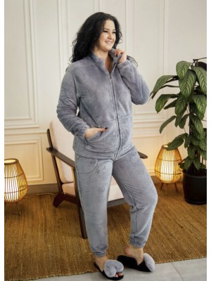 Жіноча махрова тепла піжама домашній костюм на блискавці 7433-4017 Сірий