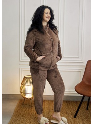 Женская махровая теплая пижама домашний костюм на молнии 7437-4017 Молочный шоколад