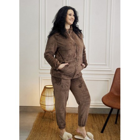 Жіноча махрова тепла піжама домашній костюм на блискавці 7437-4017 Молочний шоколад
