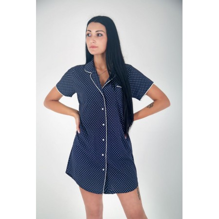 Женский летний шелковый халат-рубашка на пуговицах 5160-104 Синий в горошек
