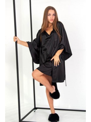 Жіноча шовкова нічна сорочка ночнушка і шовковий халат комплект двійка 6201-110 Чорний