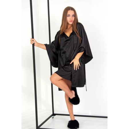 Женский комплект двойка: шелковая ночная рубашка ночнушка и шелковый халат 6201-110 Черный