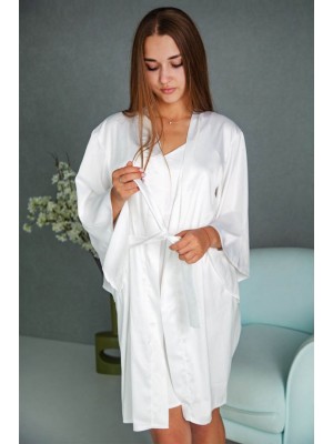Жіноча шовкова нічна сорочка ночнушка і шовковий халат комплект двійка 6202-110 Крем