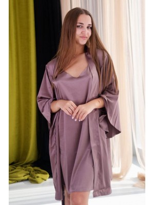Жіночий комплект двійка: шовкова нічна сорочка ночнушка і шовковий халат  6204-110 Лаванда