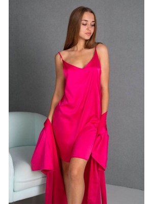Жіноча шовкова нічна сорочка ночнушка і шовковий халат комплект двійка 6205-110 Малиновий