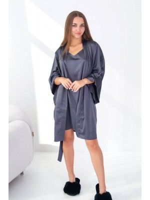 Жіноча шовкова нічна сорочка ночнушка і шовковий халат комплект двійка 6206-110 Графіт