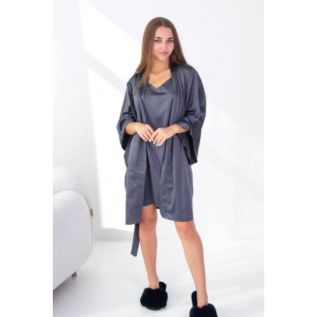 Жіноча шовкова нічна сорочка ночнушка і шовковий халат комплект двійка 6206-110 Графіт