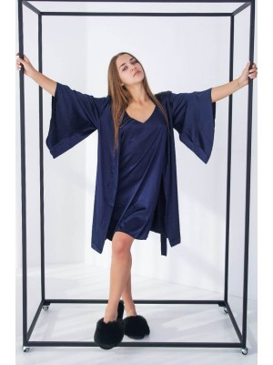 Жіноча шовкова нічна сорочка ночнушка і шовковий халат комплект двійка 6208-110 Королівський синій