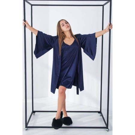 Жіночий комплект двійка: шовкова нічна сорочка ночнушка і шовковий халат  6208-110 Королівський синій