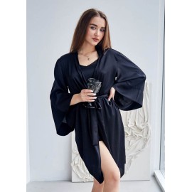 Жіночий літній шовковий халат на запах 6336-112 Чорний