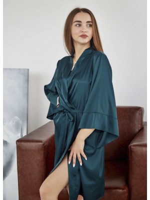 Жіночий літній шовковий халат на запах 6337-112 Смарагд