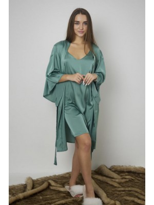 Женский комплект двойка: шелковая ночная рубашка ночнушка и шелковый халат 7485-110 Мята