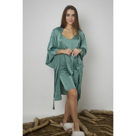 Жіноча шовкова нічна сорочка ночнушка і шовковий халат комплект двійка 7485-110 М'ята