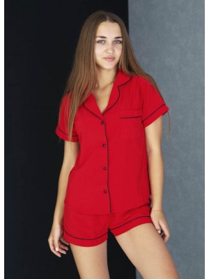 Женская шелковая пижама домашний костюм шорты и рубашка с пуговицами 6262-102 Красная с черным кантом