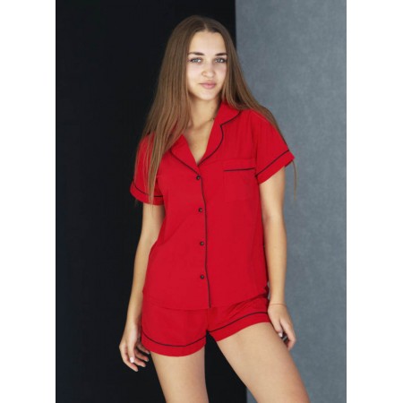 Жіноча шовкова піжама домашній костюм шорти та сорочка з гудзиками 6262-102 Червона з чорним кантом