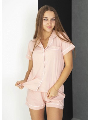 Жіноча шовкова піжама домашній костюм шорти та сорочка з гудзиками 6263-102 Рожева пудра з білим кантом
