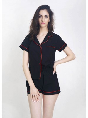 Жіноча шовкова піжама домашній костюм шорти та сорочка з гудзиками 6265-102 Чорна з червоним кантом